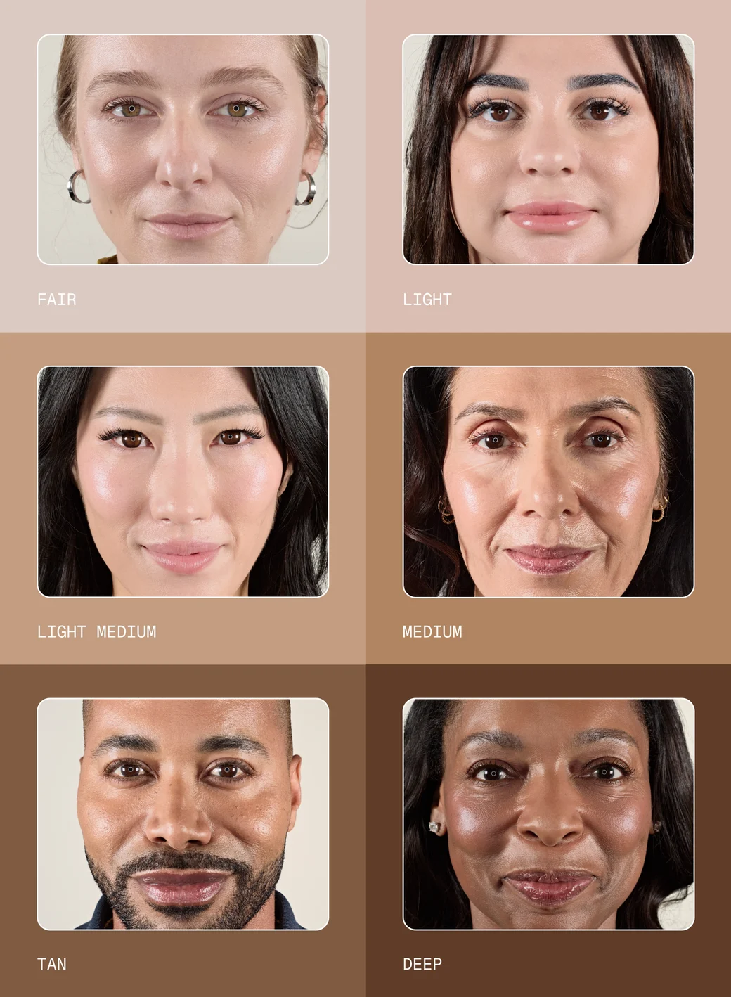 The six shades of ZO Daily Mineral Sunshade Broad Spectrum SPF 45 lined up from Fair to Deep